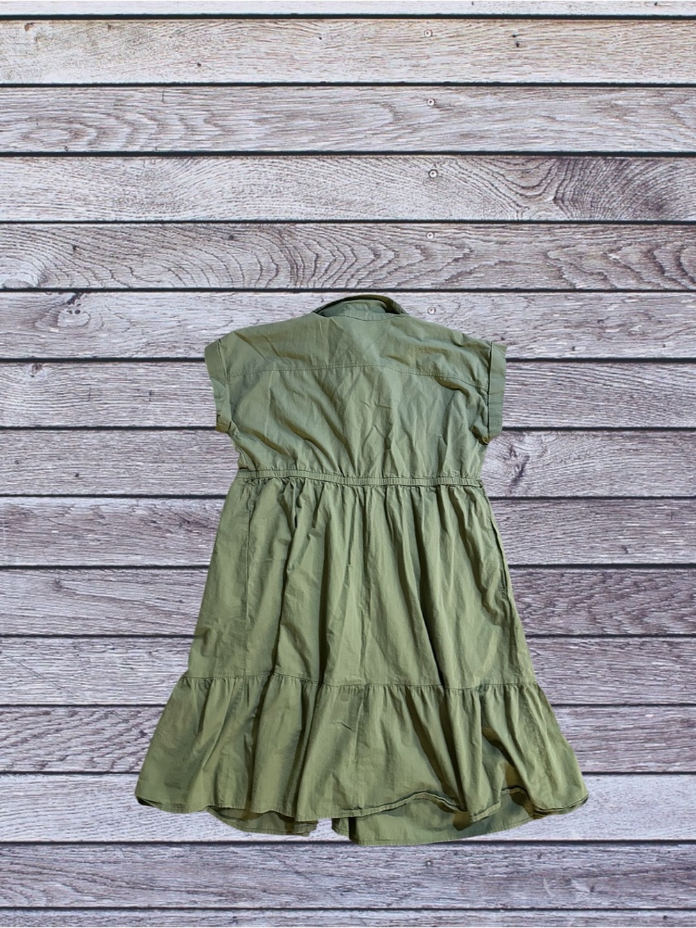 Olive Green Button Front Shirt Dress w/ Tie Waist - Picture 2 of 4